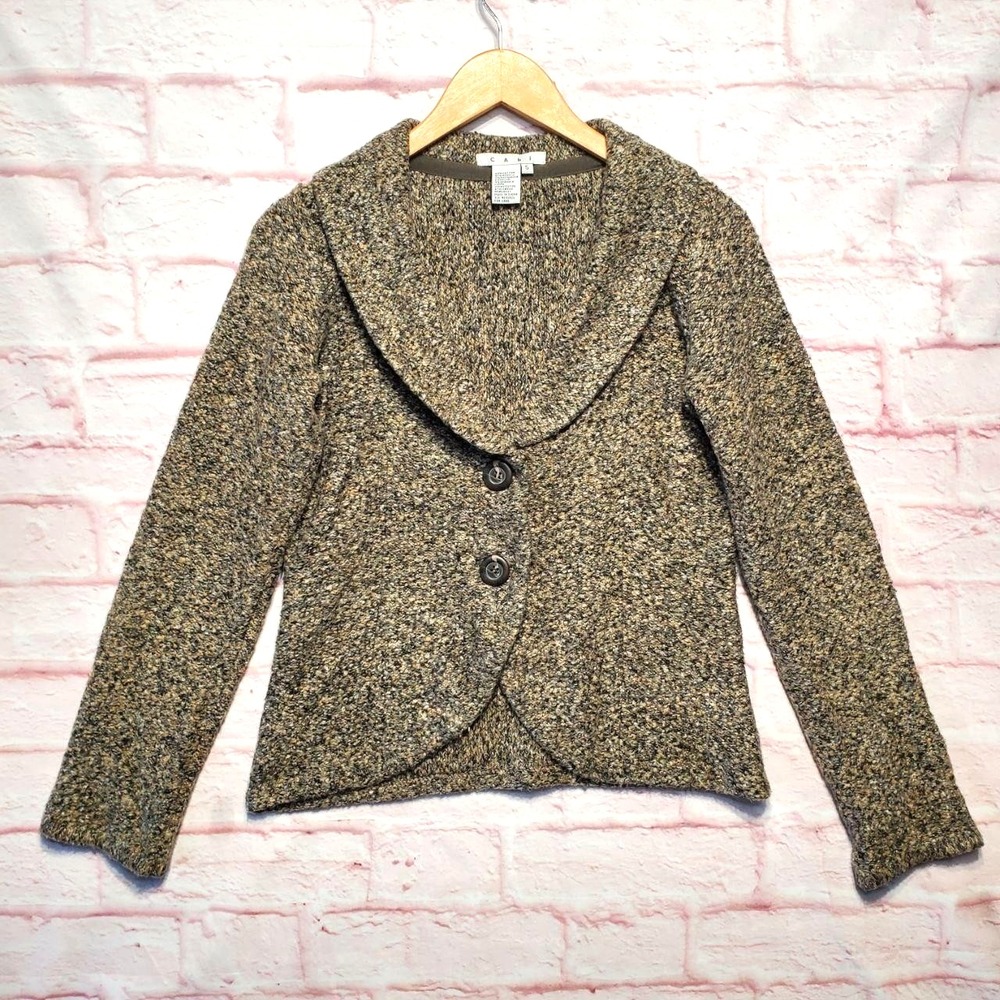 CAbi Sweater Jacket‎ Womens Small Gray Beige Marled Boucle Shawl Collar Lined